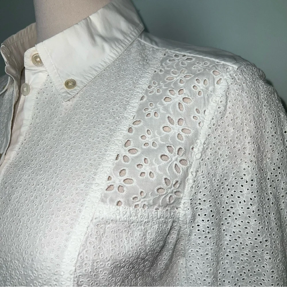 Tory Burch White Eyelet Button Down Blouse Peplum Shirt Size 4 Cotton Lace